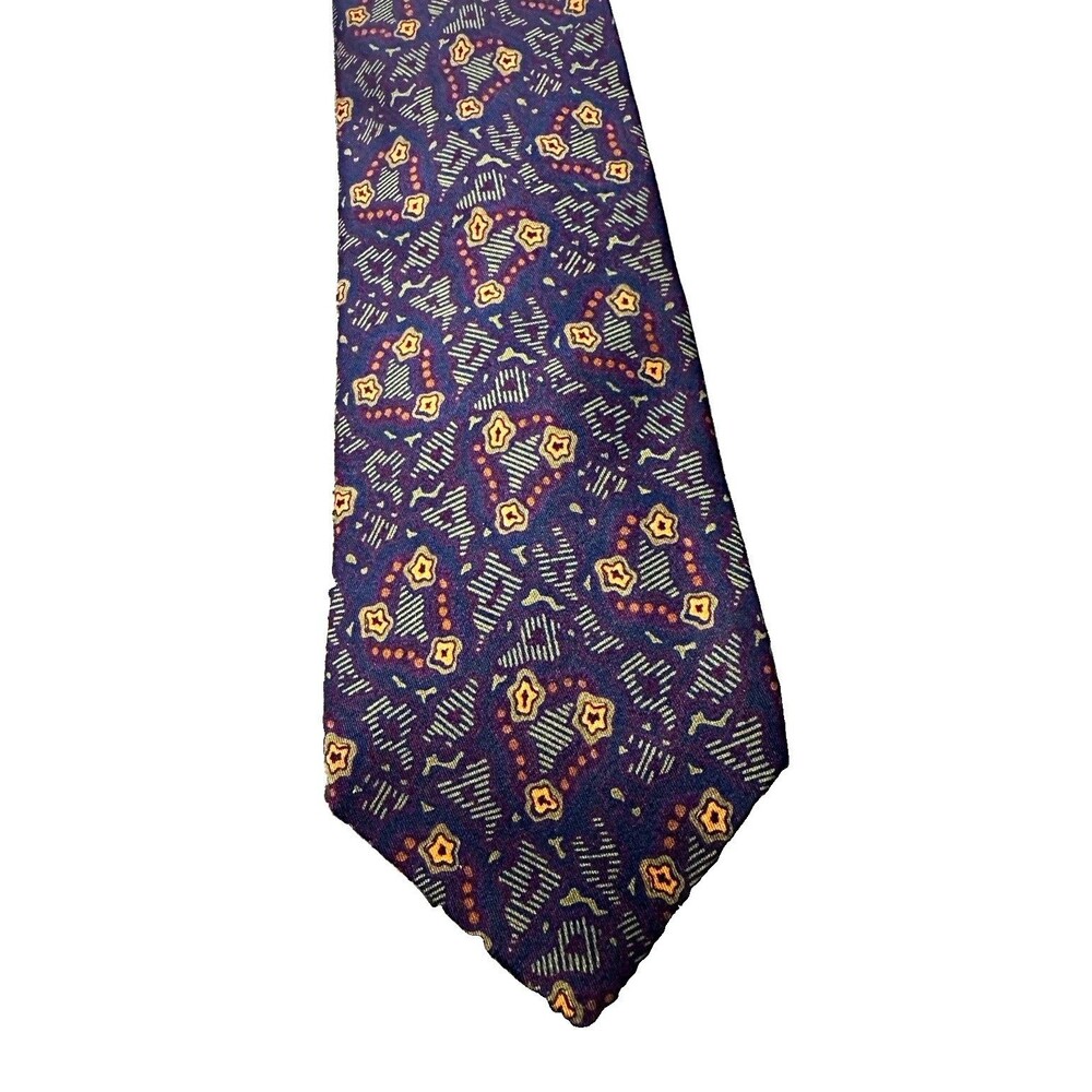 Vintage Louis Boston Silk Tie Italy Geometric Purple Olive Rust 90s Mens